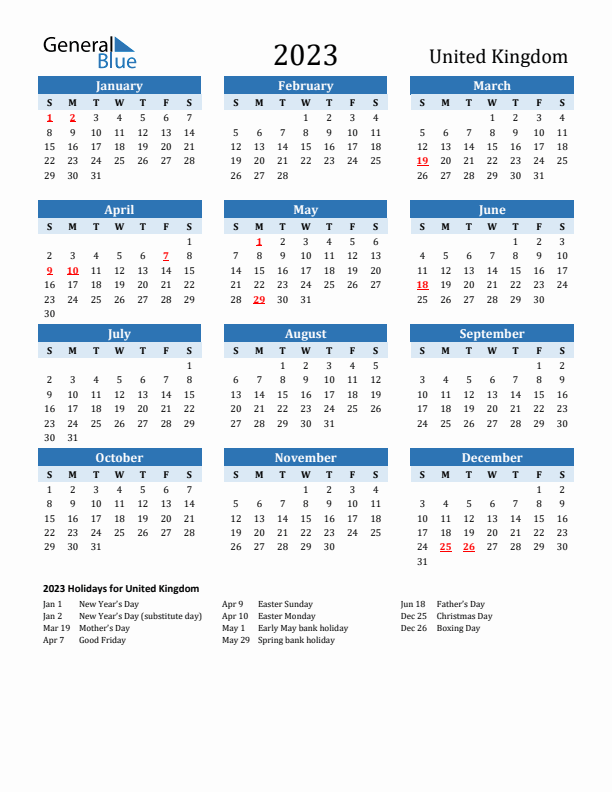 Printable Calendar 2023 with United Kingdom Holidays (Sunday Start)