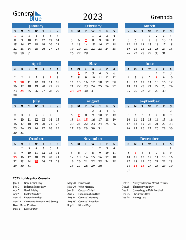 Printable Calendar 2023 with Grenada Holidays (Sunday Start)