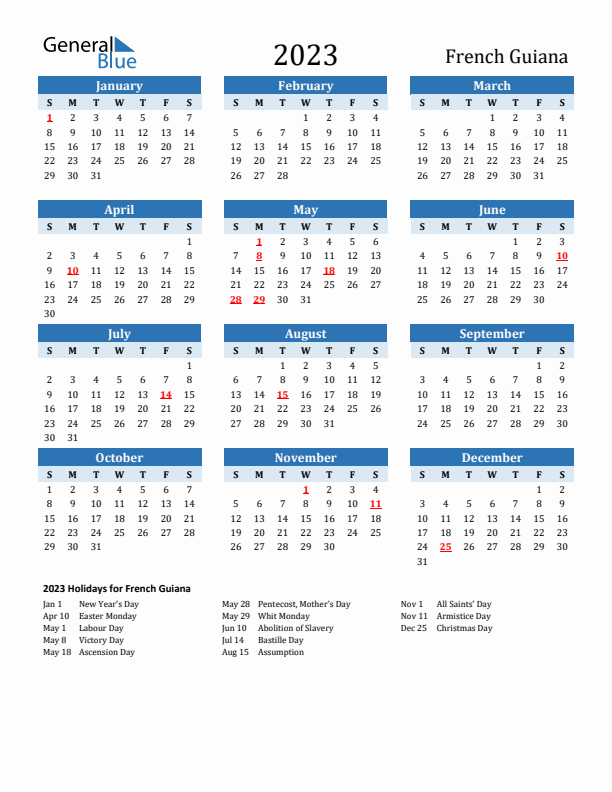 Printable Calendar 2023 with French Guiana Holidays (Sunday Start)