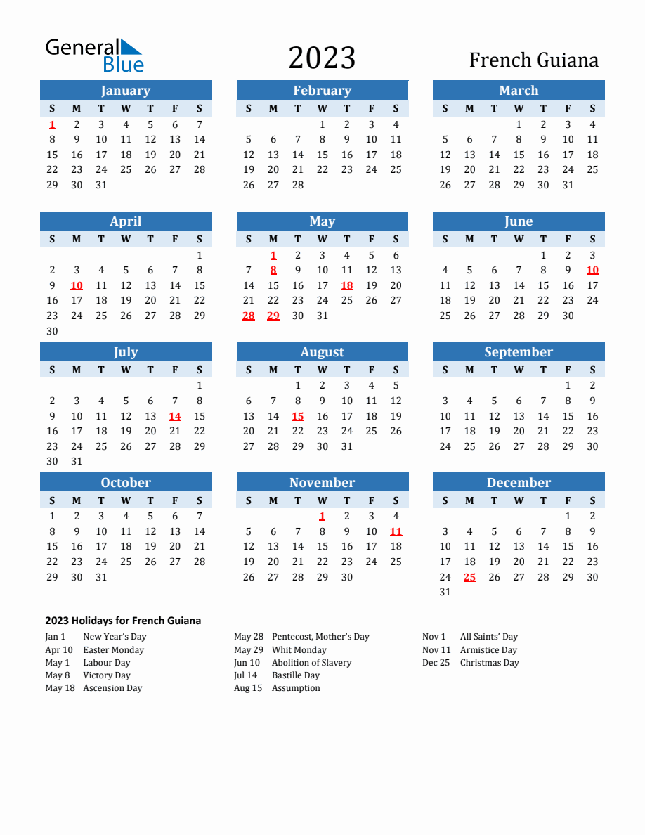 2023 Printable Calendar With French Guiana Holidays