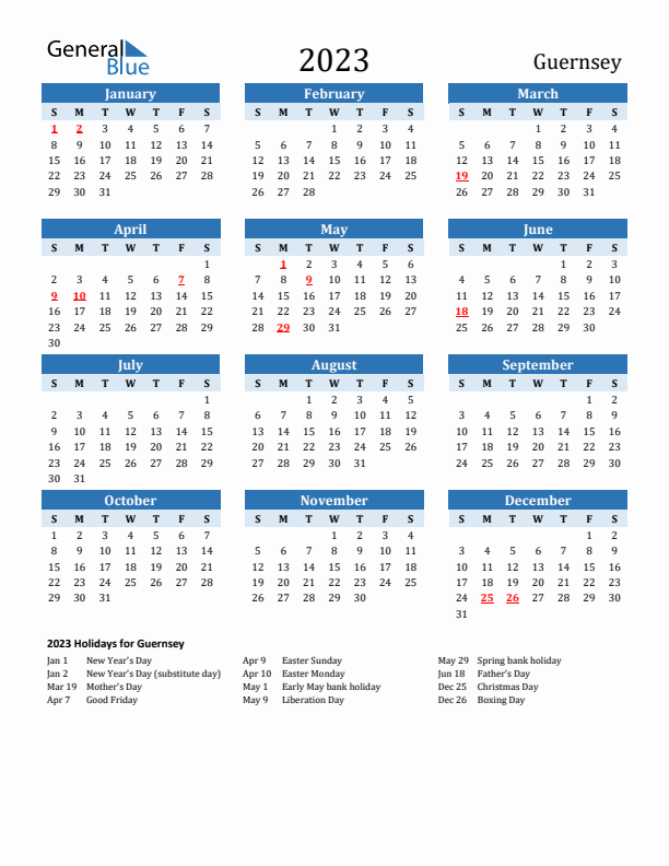 Printable Calendar 2023 with Guernsey Holidays (Sunday Start)