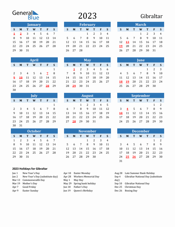 Printable Calendar 2023 with Gibraltar Holidays (Sunday Start)