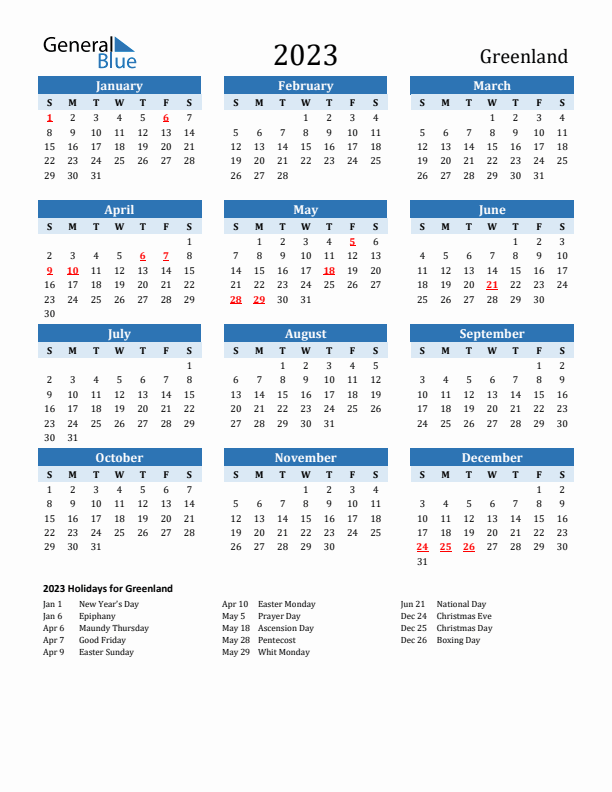 Printable Calendar 2023 with Greenland Holidays (Sunday Start)