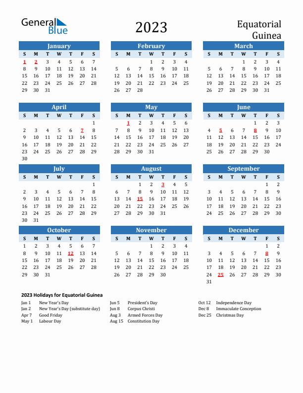 Printable Calendar 2023 with Equatorial Guinea Holidays (Sunday Start)