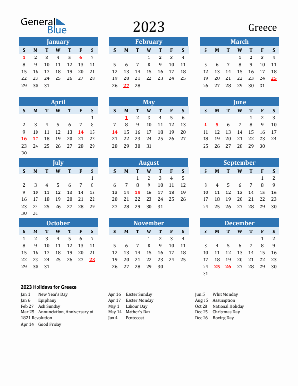 Printable Calendar 2023 with Greece Holidays (Sunday Start)
