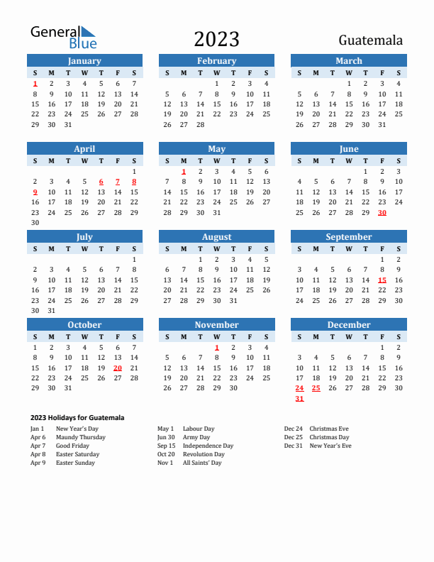 Printable Calendar 2023 with Guatemala Holidays (Sunday Start)