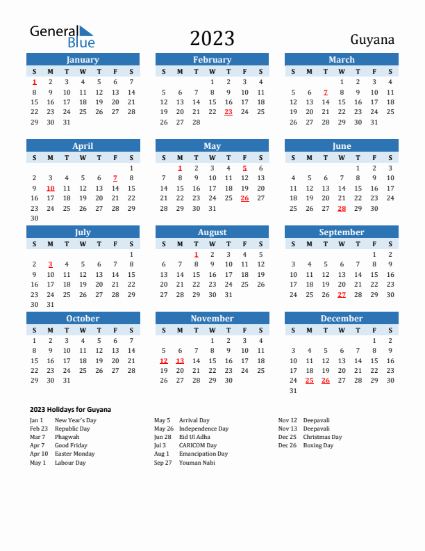 Printable Calendar 2023 with Guyana Holidays (Sunday Start)