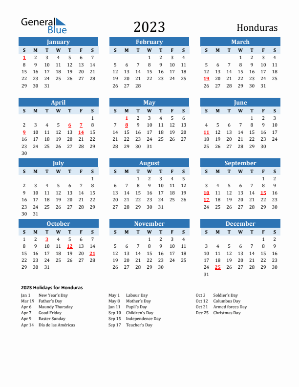 Printable Calendar 2023 with Honduras Holidays (Sunday Start)