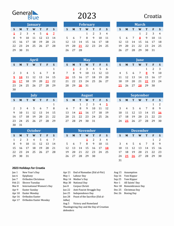 Printable Calendar 2023 with Croatia Holidays (Sunday Start)