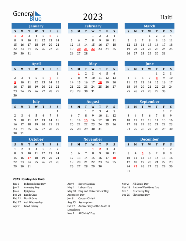 Printable Calendar 2023 with Haiti Holidays (Sunday Start)