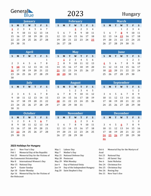 Printable Calendar 2023 with Hungary Holidays (Sunday Start)