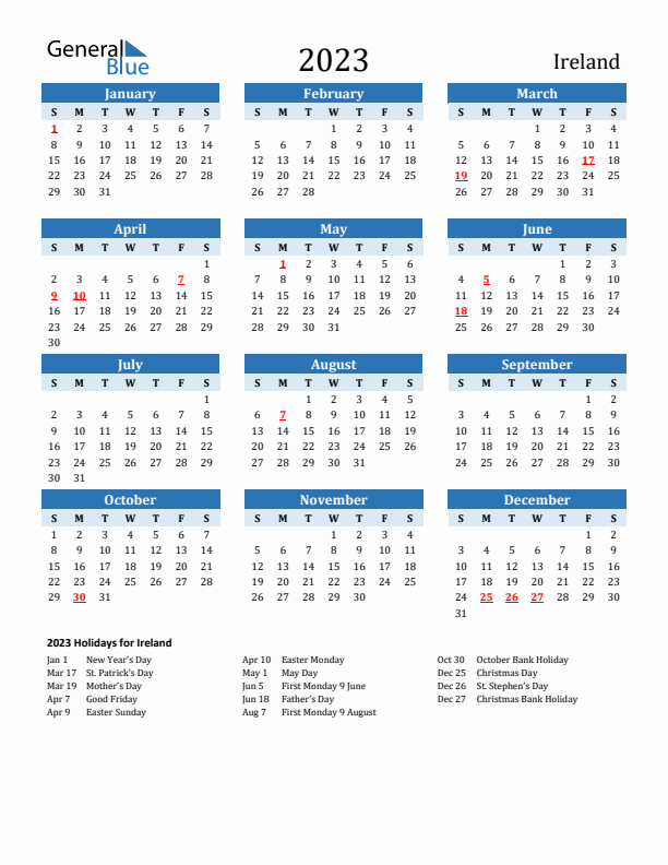 Printable Calendar 2023 with Ireland Holidays (Sunday Start)