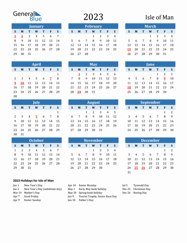 Printable Calendar 2023 with Isle of Man Holidays (Sunday Start)