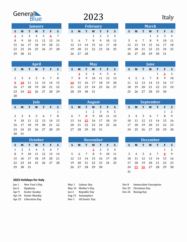 Printable Calendar 2023 with Italy Holidays (Sunday Start)