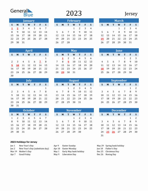 Printable Calendar 2023 with Jersey Holidays (Sunday Start)