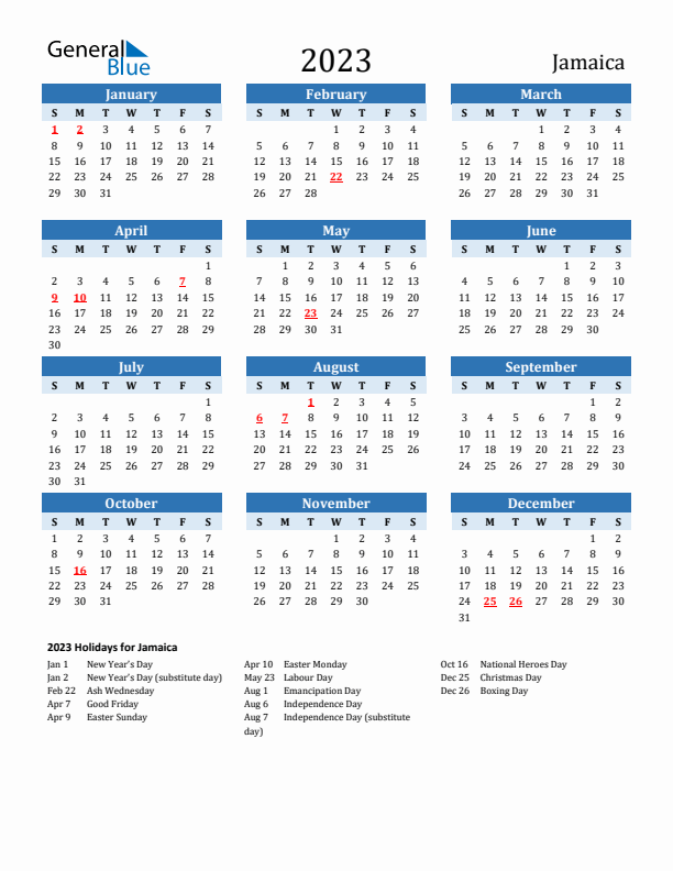 Printable Calendar 2023 with Jamaica Holidays (Sunday Start)