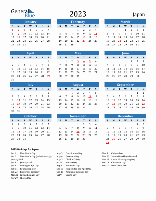 Printable Calendar 2023 with Japan Holidays (Sunday Start)
