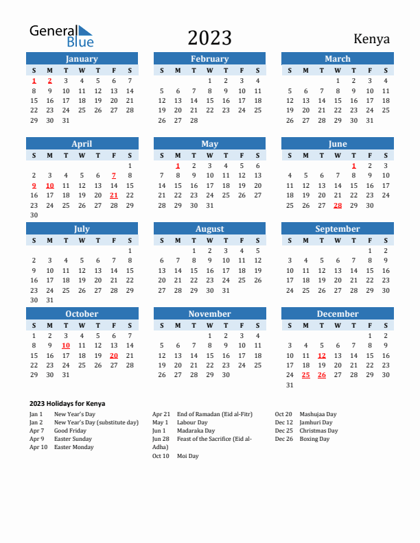 Printable Calendar 2023 with Kenya Holidays (Sunday Start)