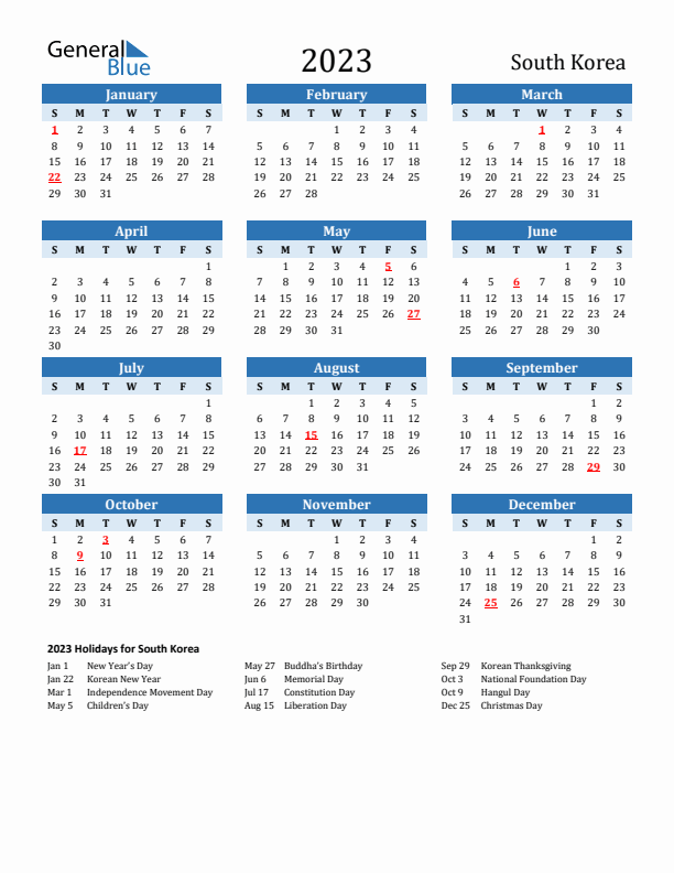 Printable Calendar 2023 with South Korea Holidays (Sunday Start)