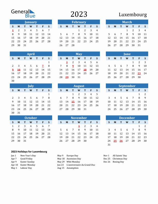Printable Calendar 2023 with Luxembourg Holidays (Sunday Start)