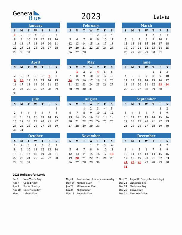 Printable Calendar 2023 with Latvia Holidays (Sunday Start)