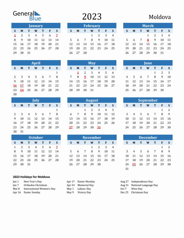 Printable Calendar 2023 with Moldova Holidays (Sunday Start)