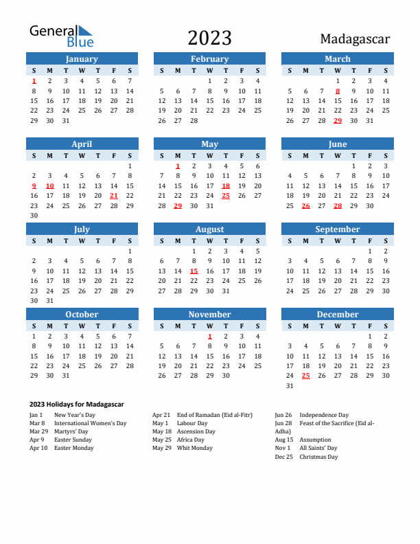 Printable Calendar 2023 with Madagascar Holidays (Sunday Start)