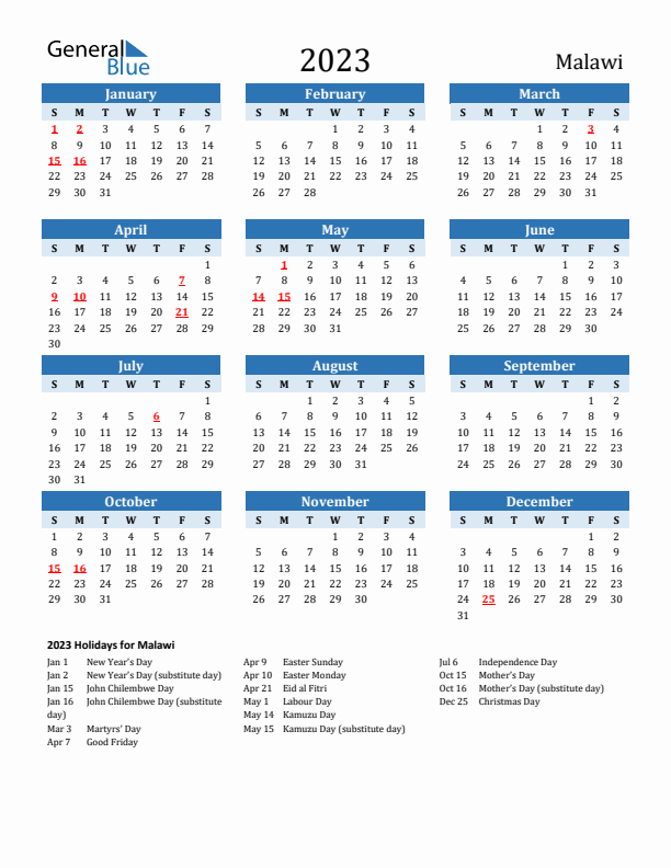 Printable Calendar 2023 with Malawi Holidays (Sunday Start)
