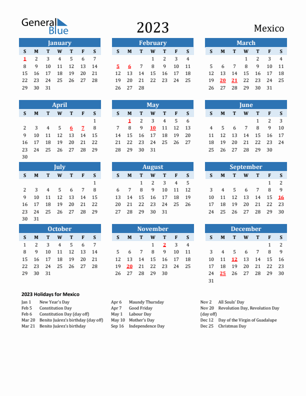 Printable Calendar 2023 with Mexico Holidays (Sunday Start)