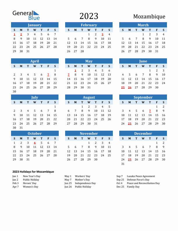 Printable Calendar 2023 with Mozambique Holidays (Sunday Start)