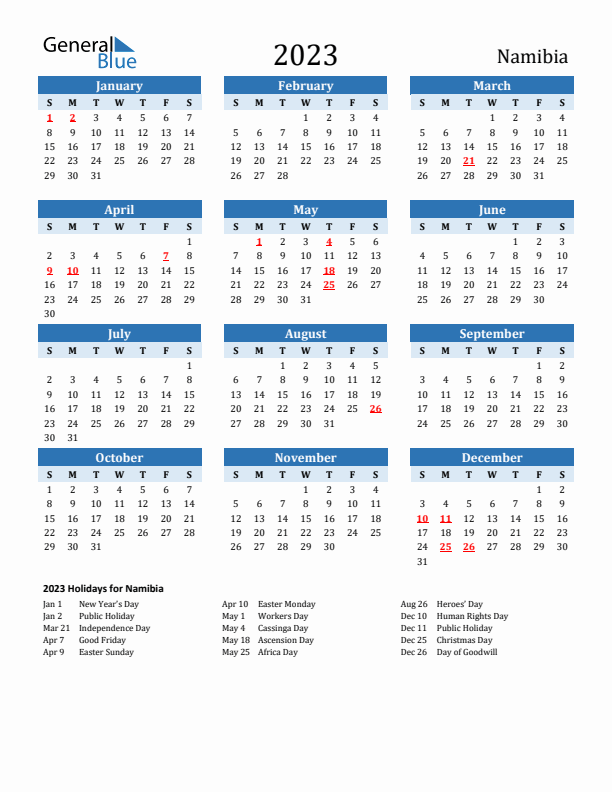 Printable Calendar 2023 with Namibia Holidays (Sunday Start)