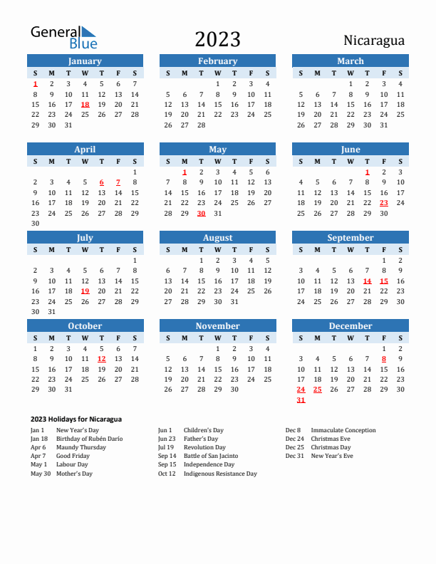 Printable Calendar 2023 with Nicaragua Holidays (Sunday Start)