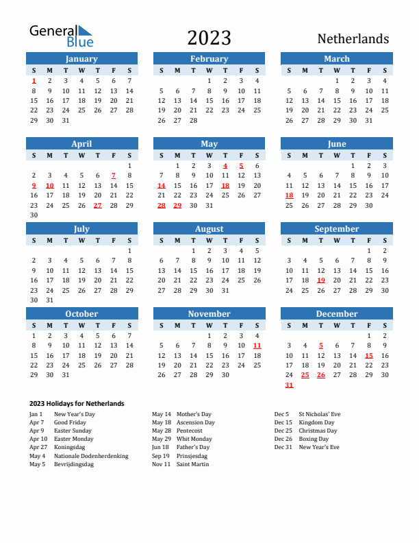 Printable Calendar 2023 with The Netherlands Holidays (Sunday Start)