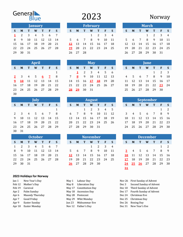 Printable Calendar 2023 with Norway Holidays (Sunday Start)
