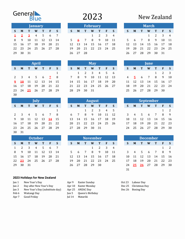 Printable Calendar 2023 with New Zealand Holidays (Sunday Start)
