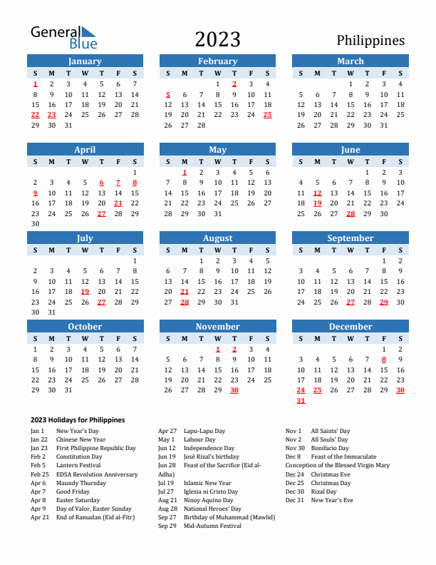 Printable Calendar 2023 with Philippines Holidays (Sunday Start)