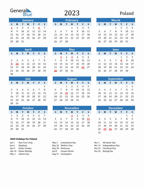 Printable Calendar 2023 with Poland Holidays (Sunday Start)
