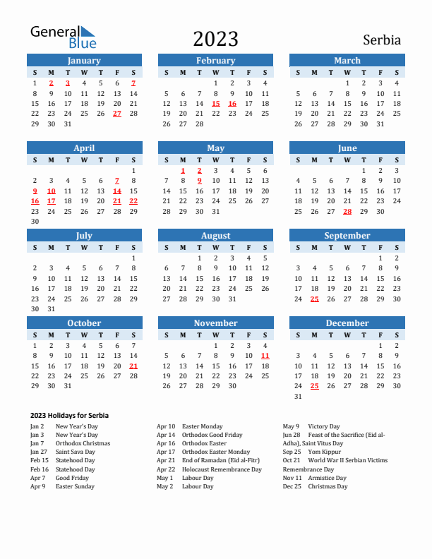 Printable Calendar 2023 with Serbia Holidays (Sunday Start)