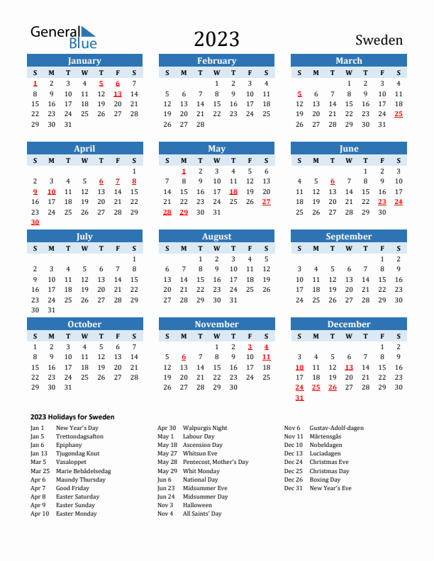 Printable Calendar 2023 with Sweden Holidays (Sunday Start)