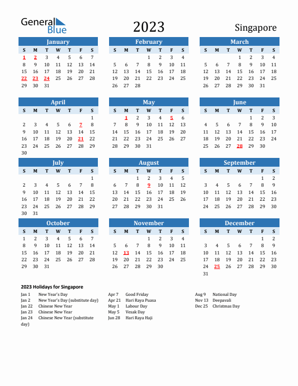 Printable Calendar 2023 with Singapore Holidays (Sunday Start)