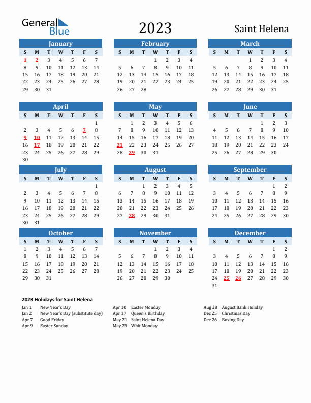 Printable Calendar 2023 with Saint Helena Holidays (Sunday Start)