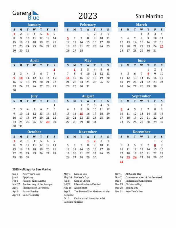 Printable Calendar 2023 with San Marino Holidays (Sunday Start)