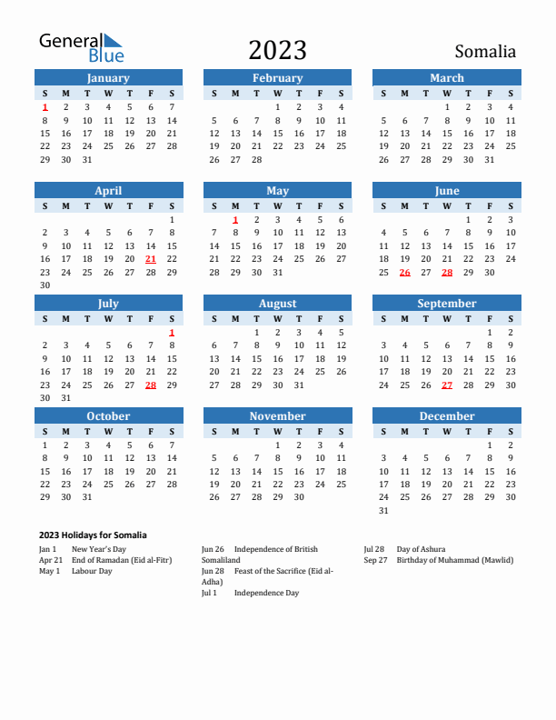Printable Calendar 2023 with Somalia Holidays (Sunday Start)
