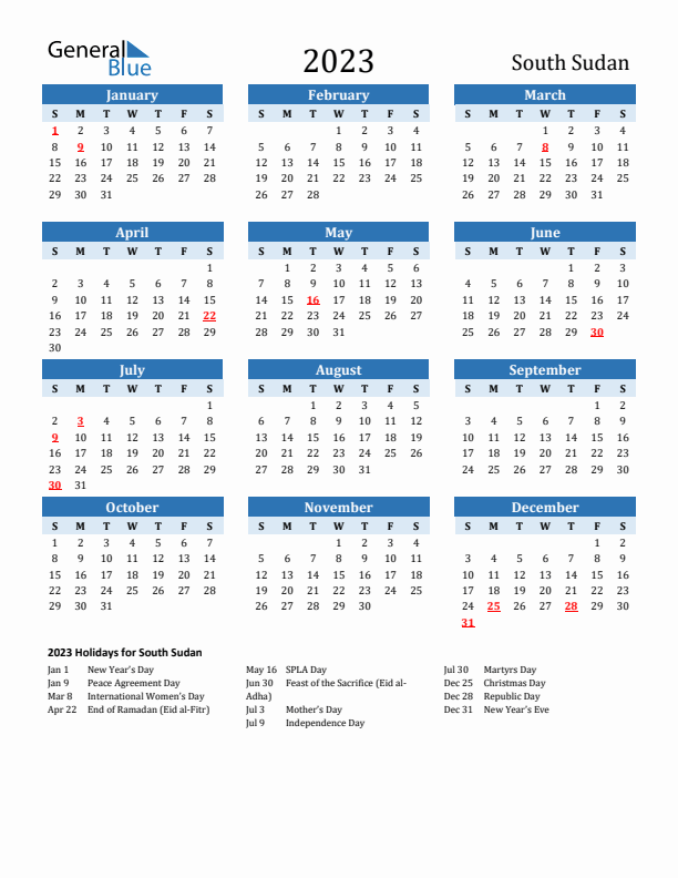Printable Calendar 2023 with South Sudan Holidays (Sunday Start)