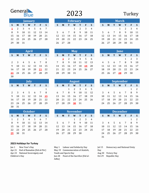 Printable Calendar 2023 with Turkey Holidays (Sunday Start)