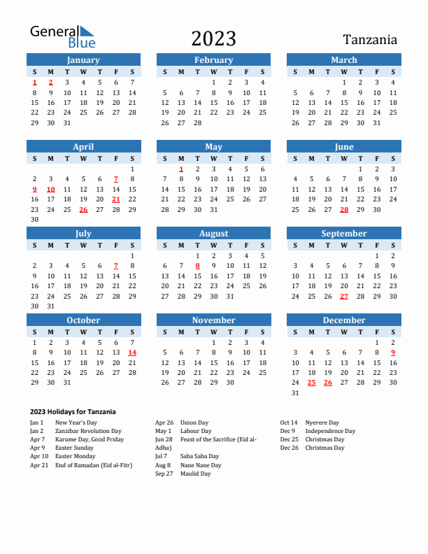 Printable Calendar 2023 with Tanzania Holidays (Sunday Start)