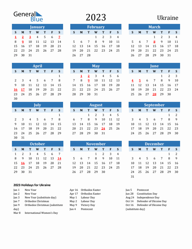 Printable Calendar 2023 with Ukraine Holidays (Sunday Start)