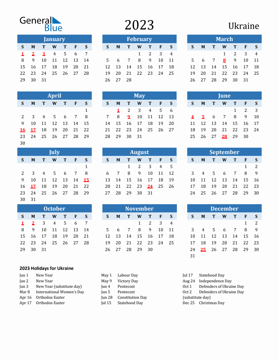 2023 Printable Calendar With Ukraine Holidays   2023 Calendar Two Tone Blue With Holidays Portrait Sunday Start En Ua 918x1188 