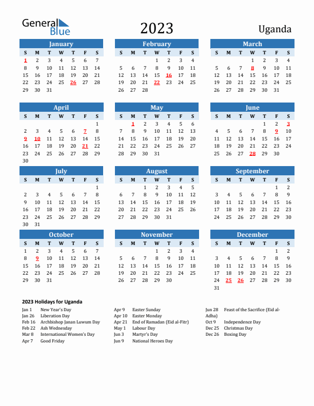 Printable Calendar 2023 with Uganda Holidays (Sunday Start)