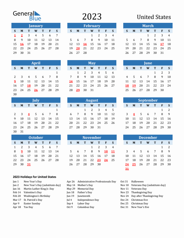 Printable Calendar 2023 with United States Holidays (Sunday Start)